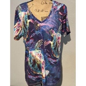 Unbranded Sea Turtle Graphic Tee Women XL Multi‎ Excellent V-Neck Short Sleeve